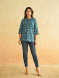 BLOCKS OF INDIA Cotton Hand Printed Short Kurti for Women Short Blue Jaal