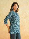BLOCKS OF INDIA Cotton Hand Printed Short Kurti for Women Short Blue Jaal