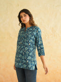 BLOCKS OF INDIA Cotton Hand Printed Short Kurti for Women Short Blue Jaal