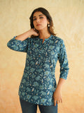 BLOCKS OF INDIA Cotton Hand Printed Short Kurti for Women Short Blue Jaal