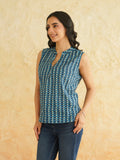 BLOCKS OF INDIA Linen Blend Cotton Sleeveless Top For Women Blue