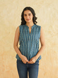 BLOCKS OF INDIA Linen Blend Cotton Sleeveless Top For Women Blue