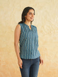 BLOCKS OF INDIA Linen Blend Cotton Sleeveless Top For Women Blue