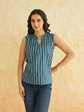BLOCKS OF INDIA Linen Blend Cotton Sleeveless Top For Women Blue