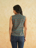 BLOCKS OF INDIA Linen Blend Cotton Sleeveless Top For Women Teal
