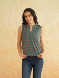 BLOCKS OF INDIA Linen Blend Cotton Sleeveless Top For Women Teal