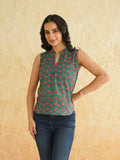 BLOCKS OF INDIA Linen Blend Cotton Sleeveless Top For Women Teal