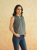 BLOCKS OF INDIA Linen Blend Cotton Sleeveless Top For Women Teal