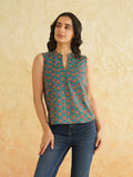 BLOCKS OF INDIA Linen Blend Cotton Sleeveless Top For Women Teal