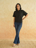 BLOCKS OF INDIA Linen Blend Cotton Korean Top For Women Black