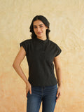 BLOCKS OF INDIA Linen Blend Cotton Cap Top For Women Color Black