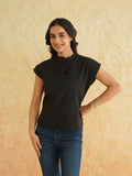 BLOCKS OF INDIA Linen Blend Cotton Cap Top For Women Color Black