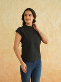 BLOCKS OF INDIA Linen Blend Cotton Cap Top For Women Color Black
