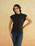 BLOCKS OF INDIA Linen Blend Cotton Cap Top For Women Color Black