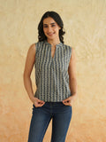 BLOCKS OF INDIA Linen Blend Cotton Sleeveless Top For Women Grey