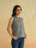 BLOCKS OF INDIA Linen Blend Cotton Sleeveless Top For Women Grey