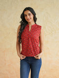 BLOCKS OF INDIA Linen Blend Cotton Sleeveless Top For Women Red