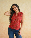 BLOCKS OF INDIA Linen Blend Cotton Sleeveless Top For Women Red