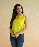 BLOCKS OF INDIA Linen Blend Cotton Sleeveless Top For Women Yellow