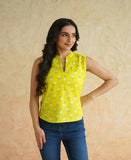 BLOCKS OF INDIA Linen Blend Cotton Sleeveless Top For Women Yellow
