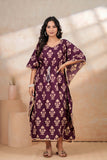 Hand Block Kaftan in Pure Cotton Fabric Maroon Cream