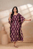 Hand Block Kaftan in Pure Cotton Fabric Maroon Cream