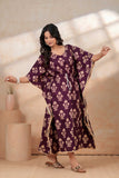 Hand Block Kaftan in Pure Cotton Fabric Maroon Cream