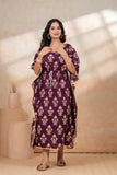 Hand Block Kaftan in Pure Cotton Fabric Maroon Cream