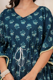 Hand Block Kaftan in Pure Cotton Fabric Pink Flower Navy Blue Flower
