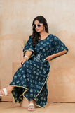 Hand Block Kaftan in Pure Cotton Fabric Pink Flower Navy Blue Flower