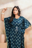 Hand Block Kaftan in Pure Cotton Fabric Pink Flower Navy Blue Flower
