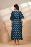 Hand Block Kaftan in Pure Cotton Fabric Pink Flower Navy Blue Flower