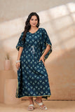 Hand Block Kaftan in Pure Cotton Fabric Pink Flower Navy Blue Flower