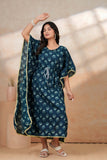 Hand Block Kaftan in Pure Cotton Fabric Pink Flower Navy Blue Flower