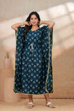 Hand Block Kaftan in Pure Cotton Fabric Pink Flower Navy Blue Flower