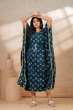 Hand Block Kaftan in Pure Cotton Fabric Pink Flower Navy Blue Flower