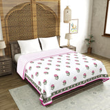 Cotton Dohar / Blanket King Bed Size Hand Block Printed (PINK GREEN ROSE)