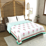 Cotton Dohar / Blanket King Bed Size Hand Block Printed (TURQUOISE FLOWER)