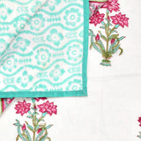Cotton Dohar / Blanket King Bed Size Hand Block Printed (TURQUOISE FLOWER)