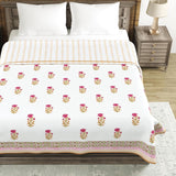 Cotton Dohar / Blanket King Bed Size Hand Block Printed (PINK CREAM FLOWERl)