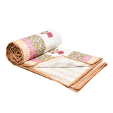 Cotton Dohar / Blanket King Bed Size Hand Block Printed (PINK CREAM FLOWERl)