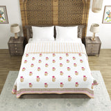 Cotton Dohar / Blanket King Bed Size Hand Block Printed (PINK CREAM FLOWERl)