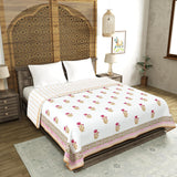 Cotton Dohar / Blanket King Bed Size Hand Block Printed (PINK CREAM FLOWERl)