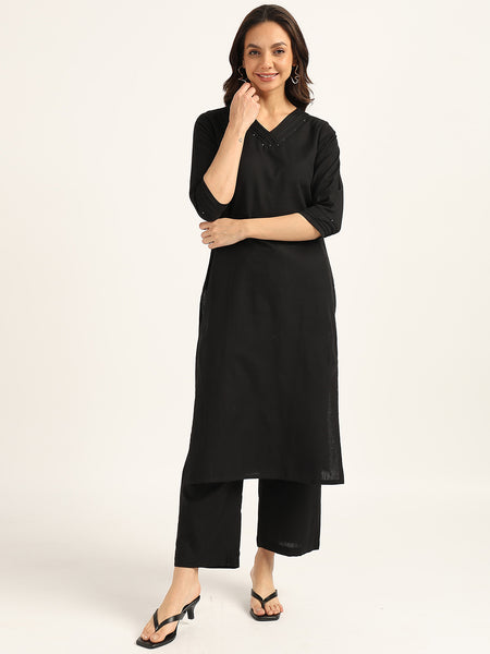 BLOCKS OF INDIA Women Solid Kurta With Trouser (Black)