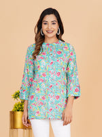 BLOCKS OF INDIA Cotton Hand Printed Short Kurti for Women Short Turquoise flower