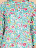 BLOCKS OF INDIA Cotton Hand Printed Short Kurti for Women Short Turquoise flower