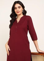 BLOCKS OF INDIA Cotton Hand Solid Long Kurti for Women Solid Maroon