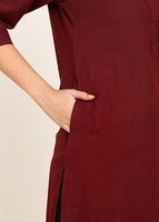 BLOCKS OF INDIA Cotton Hand Solid Long Kurti for Women Solid Maroon