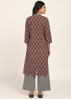 Women's Printed Straight Kurta Set | Hand-Stitched Neck Details with mandarin collar | Comfortable Pants with Pockets, Elastic Waist & Drawstring Fit (Maroon Paisley)