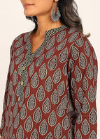Women's Printed Straight Kurta Set | Hand-Stitched Neck Details with mandarin collar | Comfortable Pants with Pockets, Elastic Waist & Drawstring Fit (Maroon Paisley)